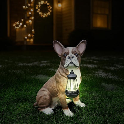 Outdoor Boston Terrier Dog Statue with Interchangeable Welcome Sign and Detachable Solar Lantern –LED Light Garden Dog Sculpture Décor, Cute Puppy Design for Yard, Porch, Gift