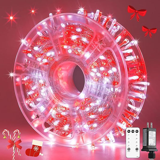 JMEXSUSS 132ft Red and White Christmas Lights Outdoor with Remote, 400 LED String Lights Indoor Plug in with Remote, 8 Modes Christmas Tree Light for Bedroom Tree Party Holiday Xmas Decorations
