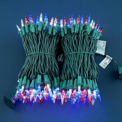 YULETIME 200 Red White & Blue Christmas Lights, Pack of 2 Sets 33 Feet 100 Count UL Certified Incandescent-Like String Lights