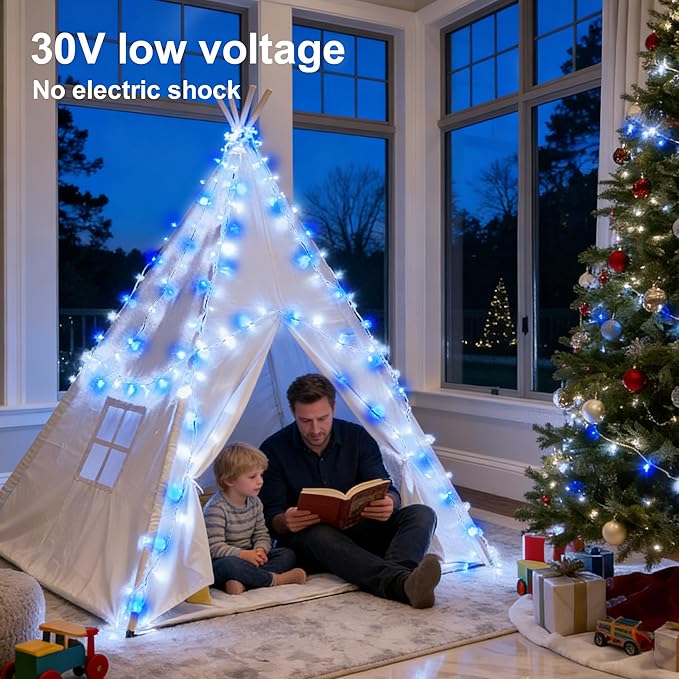 Led String Lights 500LED 165 ft Indoor/Outdoor Fairy String Lights 30V 8 Modes Christmas Lights for Home, Christmas Tree, Wedding Party, Room,Wall Decoration, Indoor&Outdoor(Blue+White)