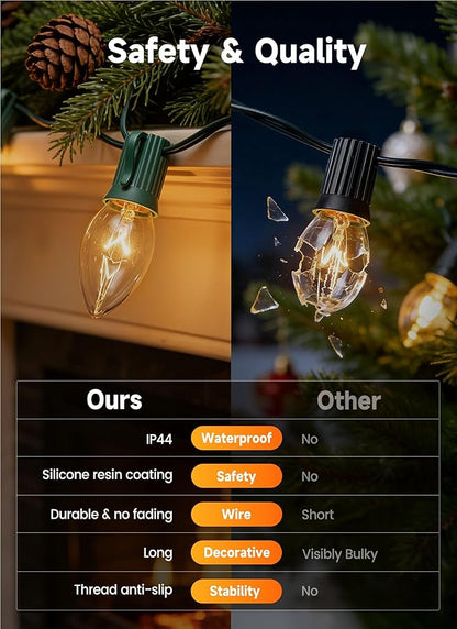 Minetom C9 Clear Christmas String Lights, 25FT 25 Bulbs Bright & Warm Outdoor Christmas Lights, Long Life C9 String Lights for Tree Patio Gazebo Wreath, Green Wire