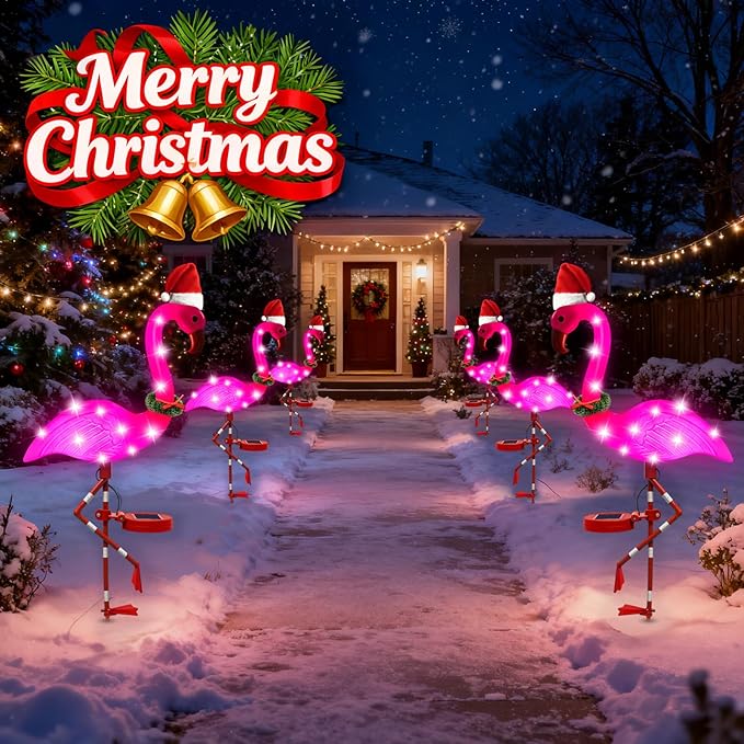 Solar Garden Lights Christmas Decor, 2Packs Solar Flamingo Light Outdoor Waterproof, Xmas Birthday Gifts for Women Mom, Pink Flamingo Garden Statue Decor for Yard Lawn Walkway Pathway Patio Porch