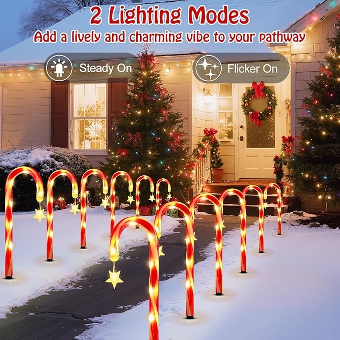 Lewondr 15" Solar Christmas Candy Cane Lights Outdoor, Pathway Stake Lights with 2 Modes, 216 LED Beads, Waterproof | Lumora