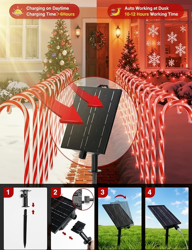 COOLWUFAN 24 Pack 28" Solar Candy Cane Path Lights Christmas Decorations, 4 Brightness Levels 264 Bright LEDs | Lumora