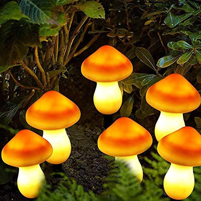 Set of 3 Orange Solar Powered Mushroom Toadstool LED Outdoor Waterproof Garden Pathway Landscape Lights