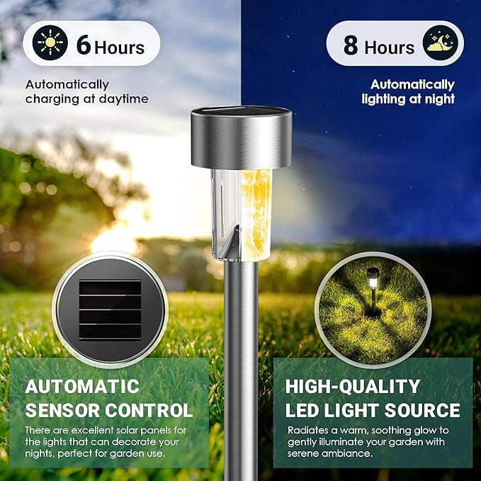 GIGALUMI Solar Lights Outdoor Waterproof, 20 Pack, Stainless Steel LED Solar Garden Lights for Patio, Lawn, Yard and Landscape,Garden Decor Patio Decor, Warm White