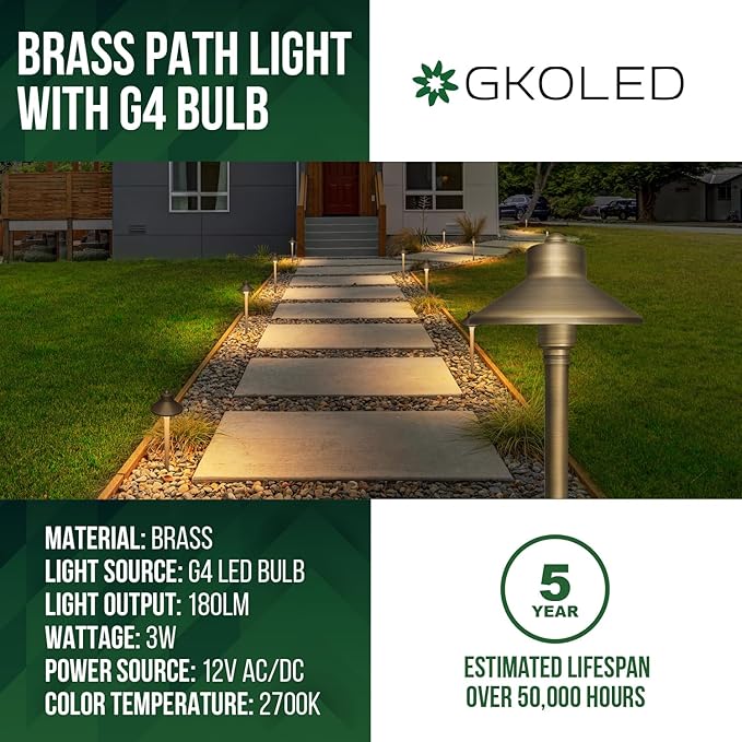 GKOLED Solid Brass Landscape Path Lights (5" Shade, 20" Tall), Low Voltage LED 3W 12-24V China Hat Path Lighting | Lumora