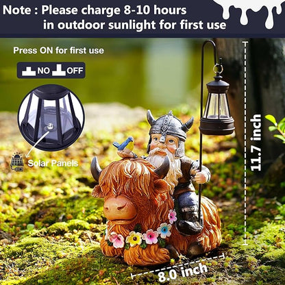 Garden Gnome Outdoor Statue Highland Cow Decor for Yard Patio Lawn Porch Birthday Gifts for Women Men, Mother’s Day, Housewarming with Solar Light Gnome Decor for Outside