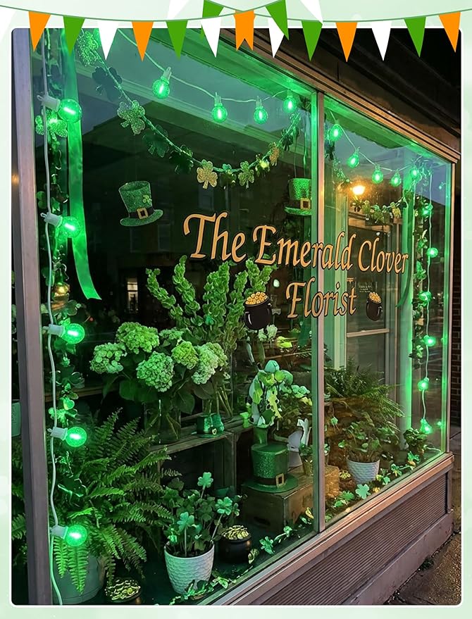 G40 LED St. Patrick's Day String Lights Outdoor, 25Ft St Patricks Decorations Lights Outdoor with Clear Green Round Bulbs, Hanging Patio Lights Shatterproof for Indoor Home Decor Party, White Wire
