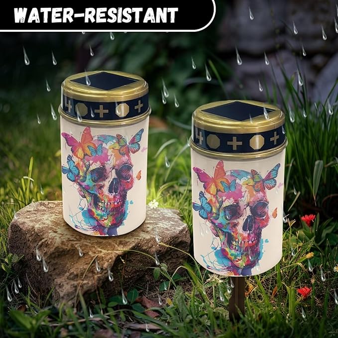 Skull Butterfly Solar Lights Outdoor Decor,Solar Powered Stakes Decorative Memorial Lights Garden Yard Lawn Pathway Grave Cemetery Decoration