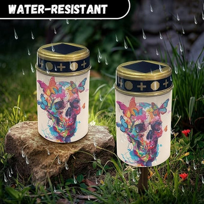 Skull Butterfly Solar Lights Outdoor Decor,Solar Powered Stakes Decorative Memorial Lights Garden Yard Lawn Pathway Grave Cemetery Decoration