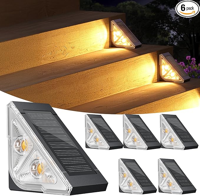 Solar Step Lights for Outside, 6 Pack Bright LED Spot Lens Triangle Solar Stair Light Outdoor Waterproof, Outdoor Deck Lights for Yard Porch Patio Driveway Railing, Warm White