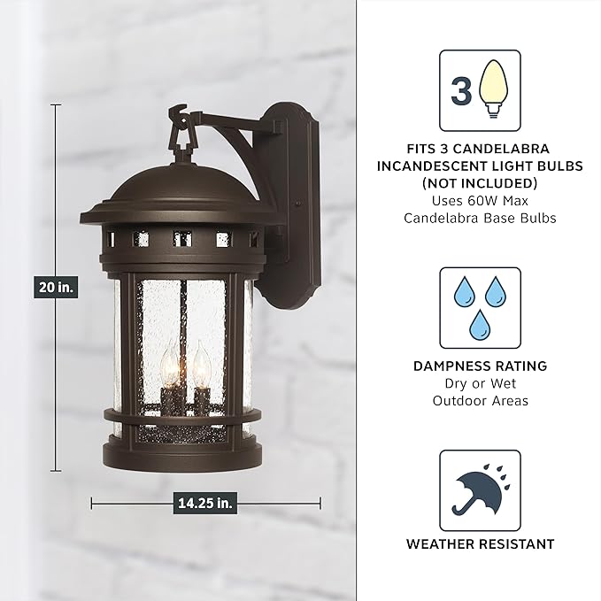 DESIGNERS FOUNTAIN Sedona 3-Lights Outdoor Light Fixture, 20 Inch Exterior Wall Lantern Sconce for Front Door, Patio and Porch, Oil Rubbed Bronze, 2391-ORB