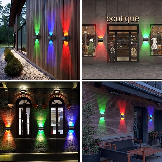 Sunvivo Solar Wall Lights Outdoor,Cordless,Waterproof IP65,Adjustable PV Panel,Up and Down Lamp Wall Sconce Deco Light for Exterior Wall Garage Fence Yard Patio Café Pub-2 Pack RGB(red,green,blue)