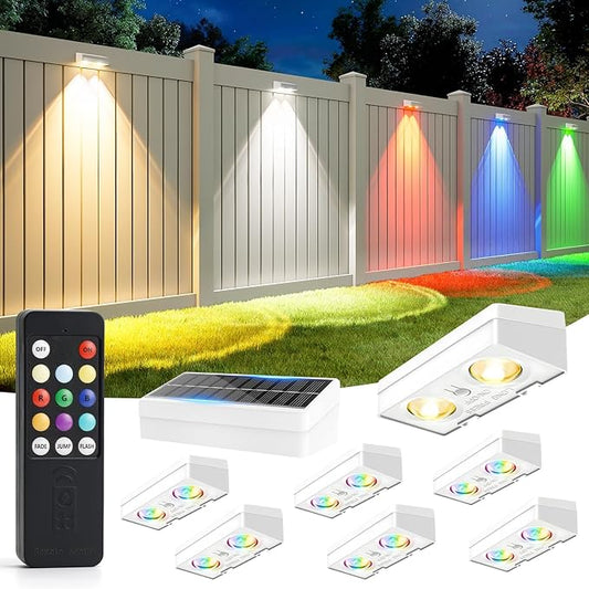 Solar Fence Lights Outdoor with Remote, 8 Pack, 9 Fixed Colors ＆ Color Changing Solar Lights Outdoor Waterproof IP65 Dusk-to-Dawn Vinyl Fence Lights for Patio, Railing, Pool, Porch, Backyard