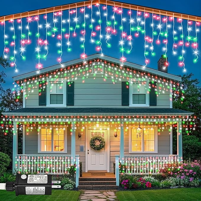 66ft Icicle Lights for Outside, Red White and Green Christmas Lights Outdoor Indoor, 640 LED Twinkle String Light | Lumora