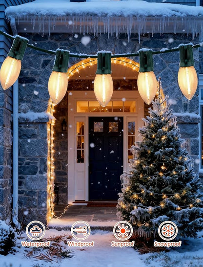 Vintage Christmas Lights Outdoor, 2-Pack（50FT 50 LED Total） C9 Strawberry String Lights, Connectable & Waterproof, Warm White for Classic Holiday Decorations, Home, Patio, and Christmas Tree