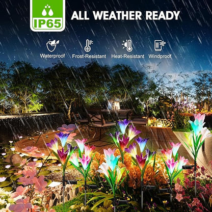 4 Pack Solar Garden Lights Outdoor, 7 Color Changing LED Powered Waterproof Lily Flowers Landscape Lights for Outside Yard, Patio, Pathway Decorative, Décor, Gifts