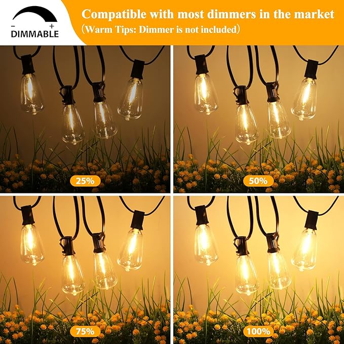LED Outdoor String Lights 100FT Patio Lights with 25 Shatterproof ST38 Vintage Edison Bulbs, Outside Hanging Light Waterproof for Porch, Deck, Garden, Backyard, Balcony, Dimmable 2700K
