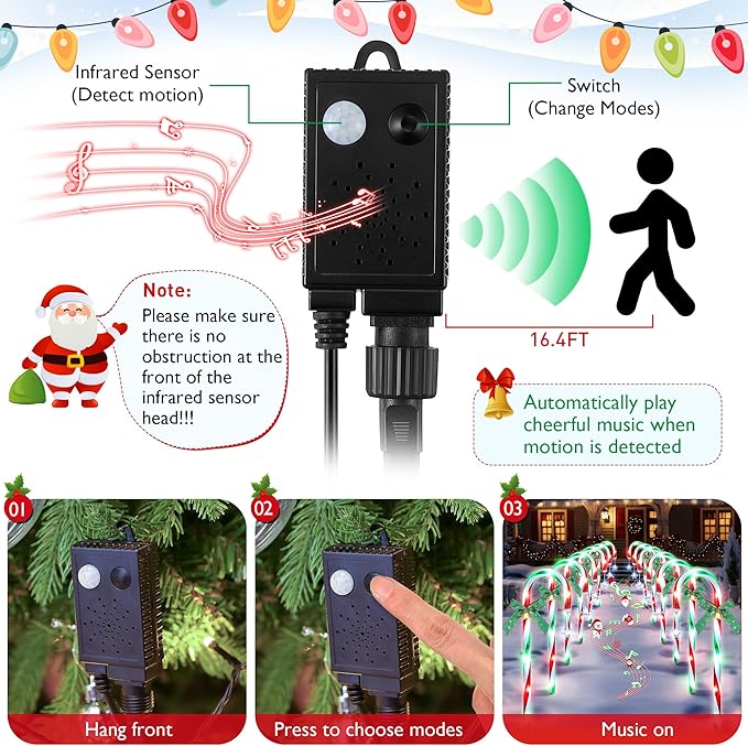 Hiboom 12 Pcs Christmas Candy Cane Light with 4 Christmas Theme Music, 20'' Pathway Markers Lights with Stakes Holiday Driveway Light for Xmas Holiday Party Walkway Garden Decor(Red, Green, White)