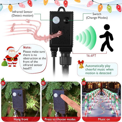 Hiboom 12 Pcs Christmas Candy Cane Light with 4 Christmas Theme Music, 20'' Pathway Markers Lights with Stakes Holiday Driveway Light for Xmas Holiday Party Walkway Garden Decor(Red, Green, White)