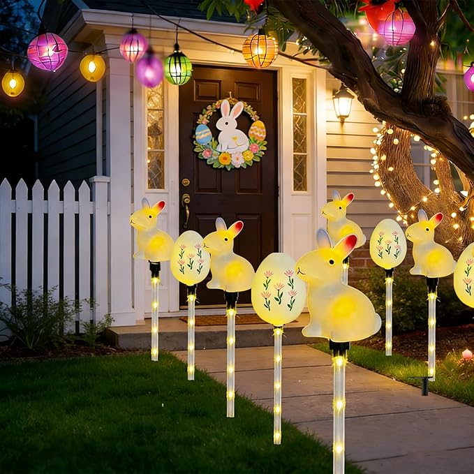 5-Pack Easter Solar Pathway Lights with Bunny & Egg Designs – Waterproof Outdoor Garden Stake Lights, Steady & Flashing Modes for Yard Decorations