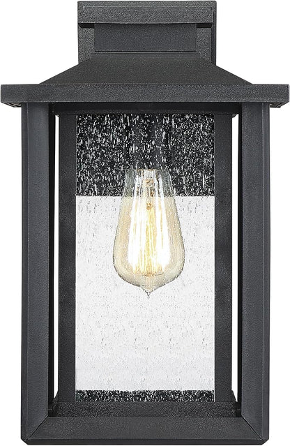 Quoizel Wakefield Vintage Wall Sconce, Coastal Armour 14 Inch 1-Light Earth Black Wall Lantern, Clear Seedy Glass Light Fixtures, 100W Medium Base Bulb, Outside Lights for Patio, Porch or Garage