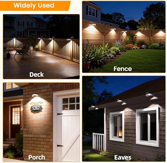 ROSHWEY Outdoor Fence Lights, 6 Pack Solar Gutter Lights with 9 LED Waterproof for Eaves Garden Garage Porch Stairs Wall 2 Installations Methods, Black Lampshade (Cool White)