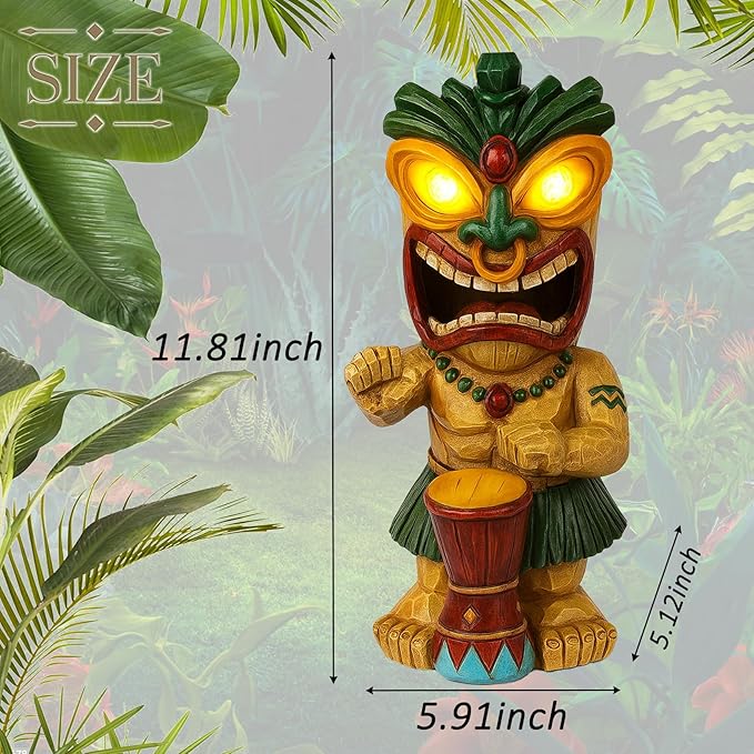 Solar Tiki Garden Statue with LED Eyes Outdoor Polynesian Drummer Hawaiian Party Decor Solar Light Ornament for Patio Porch Lawn or Tiki Lover Best Gifts for Tiki Lovers