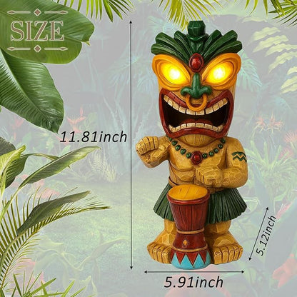 Solar Tiki Garden Statue with LED Eyes Outdoor Polynesian Drummer Hawaiian Party Decor Solar Light Ornament for Patio Porch Lawn or Tiki Lover Best Gifts for Tiki Lovers