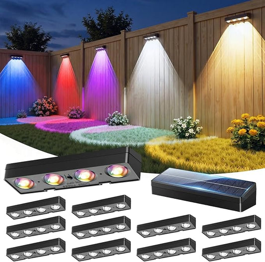 Fence Lights Solar Powered 12 Pack, Warm White, Cool White and RGB Color Glow LED Solar Lights Outdoor, IP65 Waterproof Solar Fence Lights for Patio, Backyard, Railing, Deck and Wall