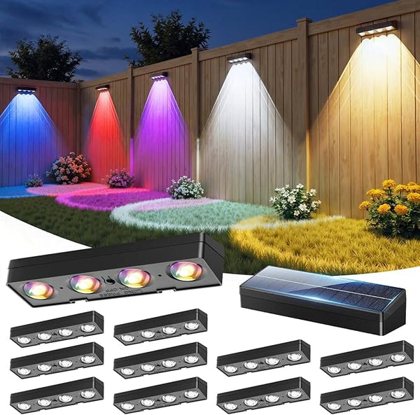 Fence Lights Solar Powered 12 Pack, Warm White, Cool White and RGB Color Glow LED Solar Lights Outdoor, IP65 | Lumora