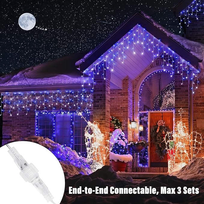 Joomer Christmas Icicle Lights - 33FT Plug in String Lights Waterproof, 8 Modes Timer Connectable Outdoor String Light for Christmas Party, Eaves, Roofs, Xmas Decorations (White+Blue)