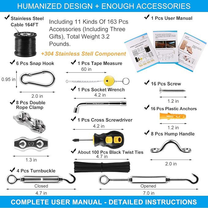 String Light Hanging Kit,Guide Wire for Outdoor String Lights, Shade sail Hardware kit,with 164 Ft Nylon Coated | Lumora