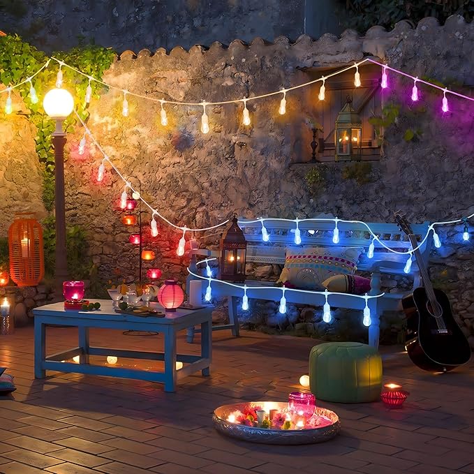 100FT(2x50FT) RGB Solar Outdoor String Lights with Remote, Dimmable Waterproof Patio Lights with 30 Bulbs for Porch | Lumora