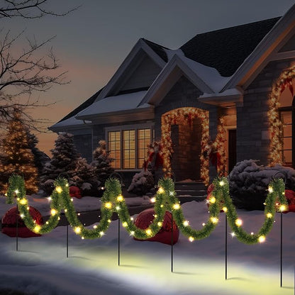 Christmas Pathway Lights Outdoor 50 ft Solar Christmas Garland Lights Outdoor with 100 LED and Walkway Stakes Pre Lit Garland Walkway Lights Decoration for Yard Lawn Garden Outdoor