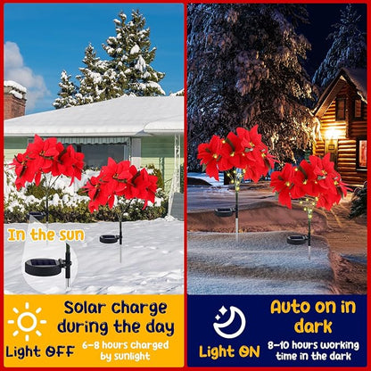 VIHOSE 4 Pcs Christmas Solar Poinsettia Lights Outdoor Artificial Flowers Landscape Waterproof Solar Poinsettia Lights for Yard Lawn Patio Garden Pathway Xmas Party Supplies (10 Flowers,Red)
