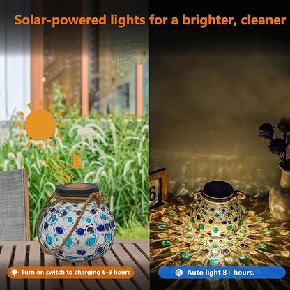 2 PCS Mosaic Solar Lights Outdoor,Garden Hanging Camping Lanterns Lamp Waterproof, Solar-Powered Led Light for Women Mom Grandma Yard Patio Lawn Pathway Porch Garden Birthday Chrismas Party Décor