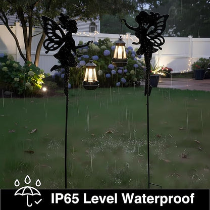 Solar Fairy Garden Accessories Outdoor 1 Pair - Metal Stakes Decorative Figurines Housewarming Ornament for Patio, Lawn, Yard, Pathway - Unique Gift Ideas for Gardening Mom Grandma (Warm Lighting)