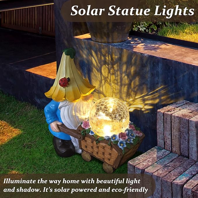 Garden Gnomes Outdoor Decorations Solar Statues,Garden Gnome Decor with LED Lights,Gnomes Clearance for Patio Lawn Decor Gnome Gift for Woman