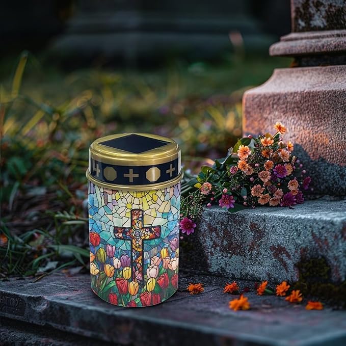Garden Decor Solar Light Cross Tulip Outdoor Stake Patio Yard Lawn Porch Pathway Grave Solar Lights for Cemetery Outside Waterproof Decorations