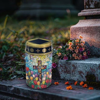 Garden Decor Solar Light Cross Tulip Outdoor Stake Patio Yard Lawn Porch Pathway Grave Solar Lights for Cemetery Outside Waterproof Decorations