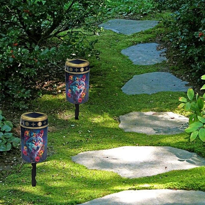 HUGS IDEA Cool Wolf Solar Memorial Lights Floral Solar Path Lights Outdoor Garde Waterproof ABS Grave Decor Outdoor Pathway Lighting for Rustic Yards & Gardens