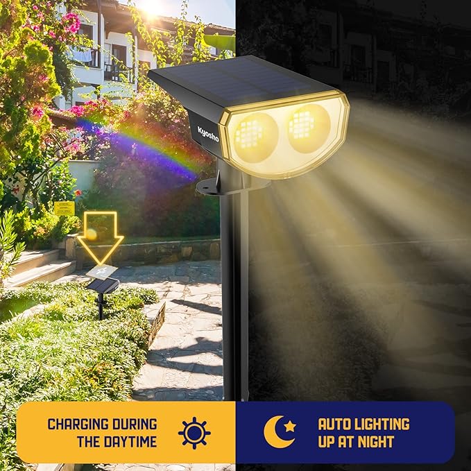 Kyosho Solar Outdoor Lights Waterproof IP67, 38 LEDs Solar Spot Lights Outdoor, 2-in-1 Landscape Spotlight with 3 | Lumora