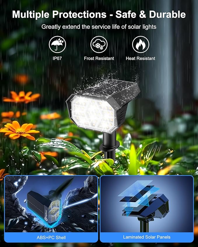 Brightown 4Pack Solar Spot Lights Outdoor with 58 LED & 1800mAh, IP67 Solar Lights Outdoor Waterproof with 3 Light | Lumora