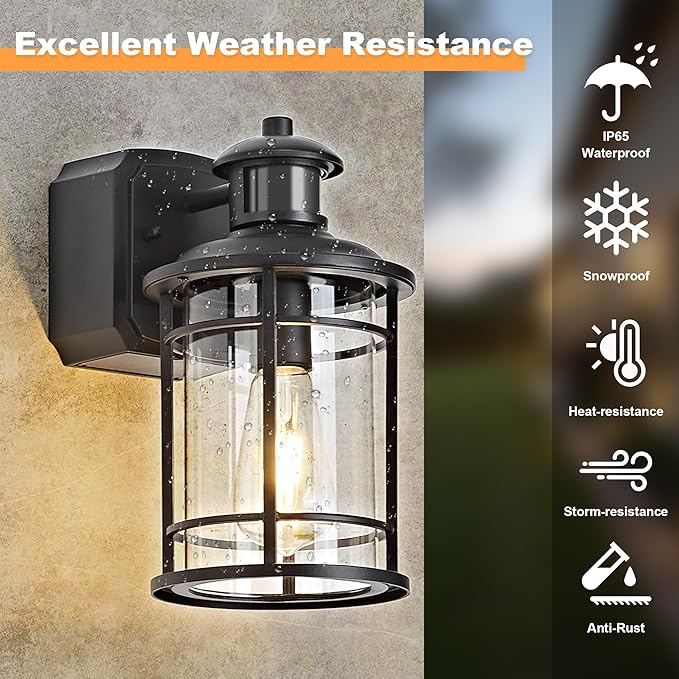 OKELI Patio Wall Light Fixture with Dual GFCI Outlets, Outdoor Light with Outlet, Motion Sensor Dusk-to-Dawn, Vintage Industrial Black Lantern, for Porch Patio Garage (2 Pack)