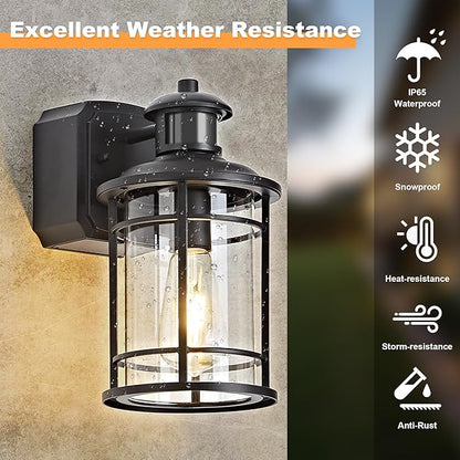 Patio Wall Light Fixture with Dual GFCI Outlets, Outdoor Light with Outlet, Motion Sensor with 3 Sensor Modes & Dusk-to-Dawn, Vintage Industrial Black Outdoor Lantern, for Porch Patio Garage Entryway