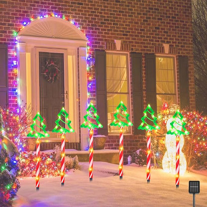 Solar Christmas Pathway Lights Outdoor Decorations, Christmas Decorations, 8 Modes Xmas Tree Candy Lights Waterproof Led Garden Stake Light for Walkway Yard Lawn Porch Holiday Decor-6 Pack