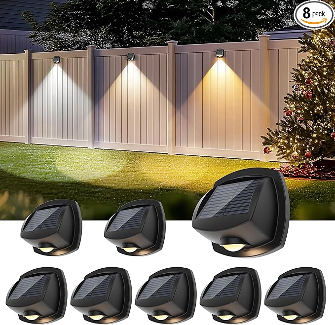 Solar Fence Lights Outdoor Waterproof IP65 Solar Wall Lights Outside Dual Color Led Solar Powered Fence Lights Outdoor Backyard, Wall Lights for Porch, Patio, Stairs, Pool, Yard, Deck 8 Pack