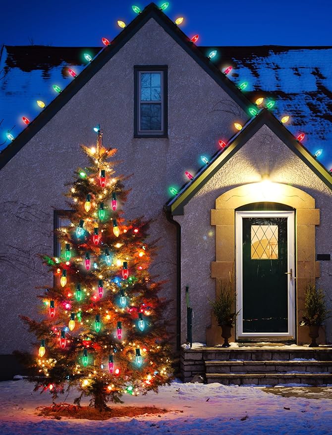 C7 Christmas Lights Outdoor, 25Ft Vintage Christmas String Lights with 27 Multicolor Clear Bulbs, Hanging Christmas Decorations Lights for Xmas Tree Roofline House Garden Patio Yard-Green